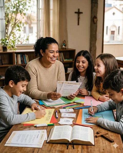 Catequista aplicando dinâmicas criativas com crianças em encontro de catequese